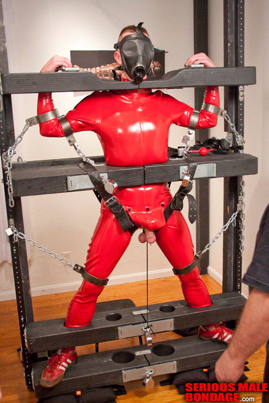 Daddy Tony fits his red-rubber-catsuit-encased bondage pig into vertical st...