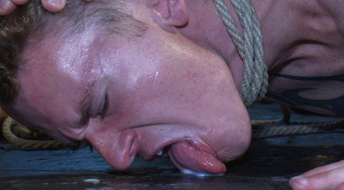 Cole Brooks licks his cum off the dirty floor