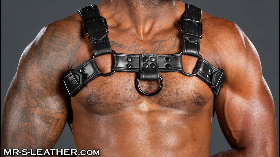 black leather muscle man harness