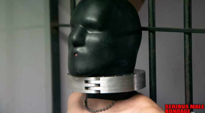 a collar that closes around both his neck and a jail bar