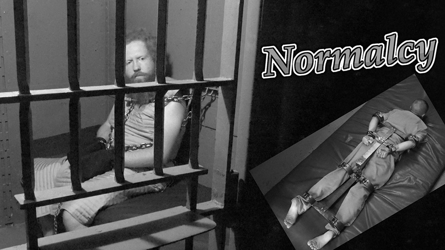men bound in police restraint chairs and straitjackets