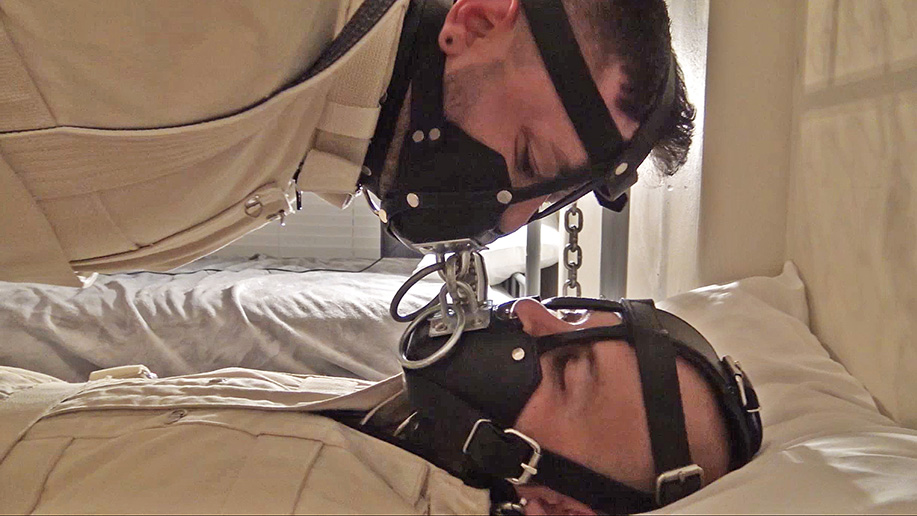 Two men creatively bound in canvas and leather