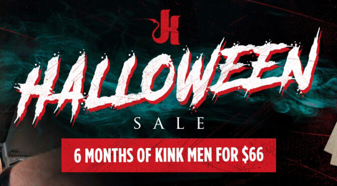 Halloween 2025 KinkMen deal — muscular gay man in restraints promoting limited-time fetish subscription offer.