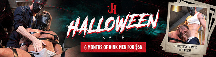 Halloween 2025 KinkMen deal — muscular gay man in restraints promoting limited-time fetish subscription offer