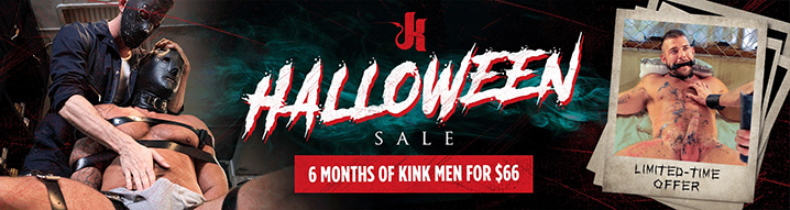 Dark and sexy Halloween-themed KinkMen ad — special offer for gay men’s fetish videos, use code HALLOWEEN25